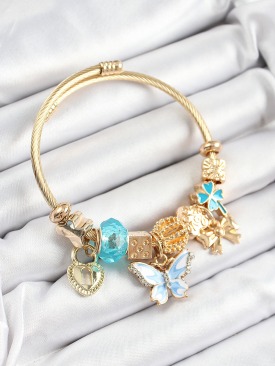 Erb 316L Çelik Mavi Zirkon Taşlı Kelebek Fiyonk Ve Kilit Model Gold Renk Charm Bileklik