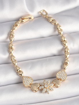 Erb Pirinç Gold Renk Zirkon Taşlı Çiçek Figür Kalp Zincir Model Kadın Bileklik