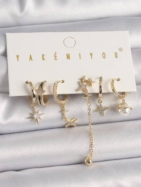Erb Pirinç Gold Renk Zirkon Taşlı Yıldız Model Kadın Küpe Kombini
