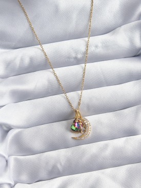 Erb 316L Çelik Zincir Gold Renk Zirkon Taşlı Hilal Kristal Kalp Model Kadın Kolye