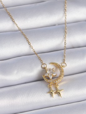 Erb 316L Çelik Zincir Gold Renk Zirkon Taşlı Hilal Model Yıldız Detay Kadın Kolye