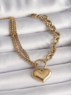 Erb 316L Çelik Gold Renk 2\'Li Zincir Model Kalp Figür Kadın Bileklik