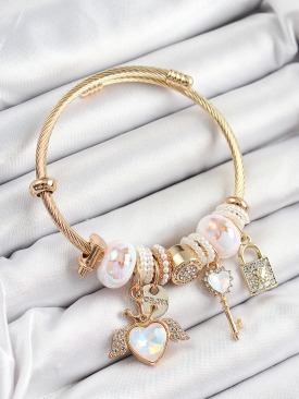 Erb 316L Çelik Beyaz Zirkon Taşlı Kilit Anahtar Ve Kalp Model Gold Renk Charm Bileklik