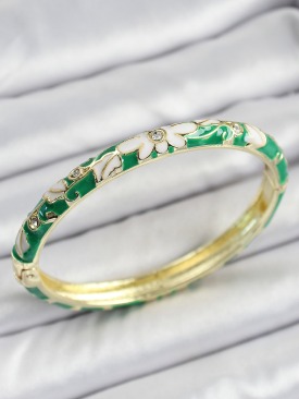 Erb Mineli Pirinç Gold Renk Yeşil Çiçek Desen Motifli Kadın Kelepçe