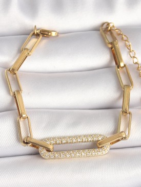 Erb 316L Çelik Gold Renk Zirkon Taşlı Kare Zincir Model Kadın Bileklik