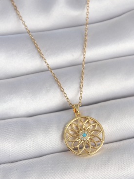 Erb 316L Çelik Gold Renk Zincr Mavi Taşlı Lotus Model Kadın Kolye