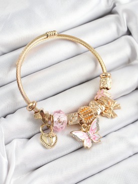 Erb 316L Çelik Pembe Zirkon Taşlı Kelebek Fiyonk Ve Kilit Model Gold Renk Charm Bileklik