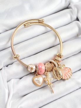 Erb 316L Çelik Pembe Zirkon Taşlı Yıldız Melek İstiridye Ve Kalp Model Gold Renk Charm Bileklik