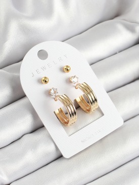 Erb Pirinç Zirkon Taş Ve Halka Figürlü Gold Renk 3\'lü Çift Kadın Küpe Set