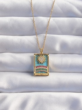 Erb 316L Çelik Zincir Gold Renk Güneş Detay Renkli Zirkon Taşlı Tarot Kolye