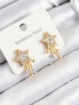Erb 316L Çelik Zirkon Taşlı Kayan Yıldız Model Gold Renk Kadın Küpe