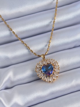 Erb 316L Çelik Gold Renk Zirkon Taşlı Kristal Mor Kalp Model Kadın Kolye